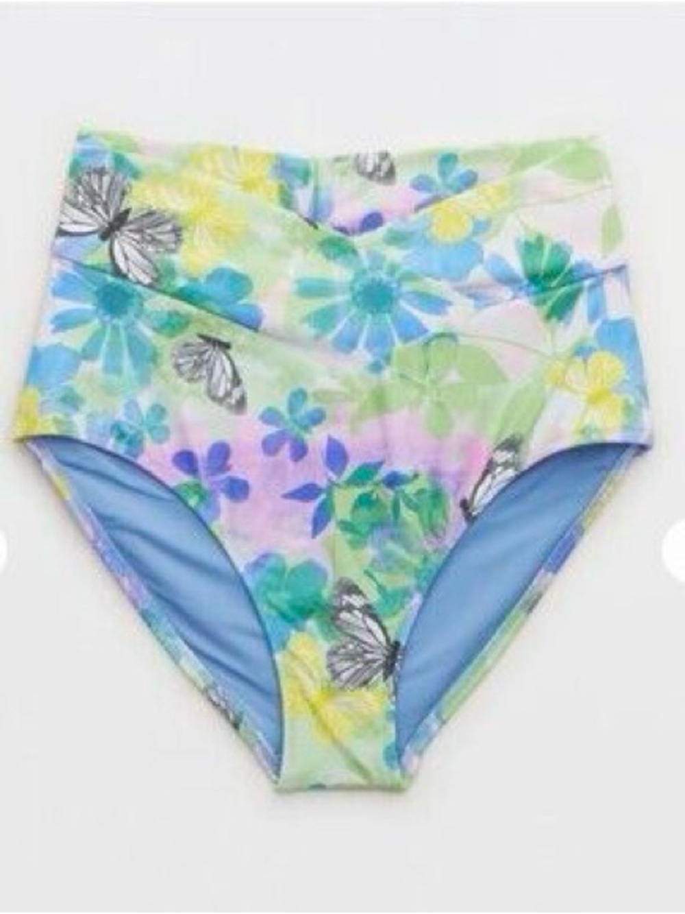 Aerie Real Good High Waist Full Coverage Cross Over Bikini Bottom XL Floral Blue